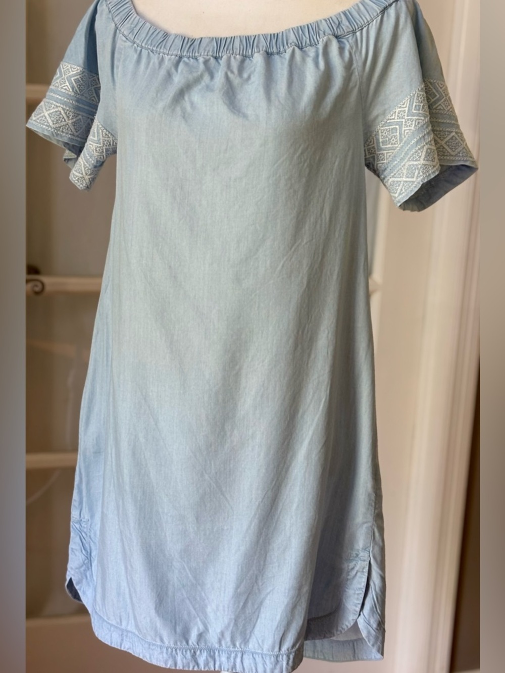 Athleta Blue Off Shoulder Tunic Dress Embroidered Sleeves Lyocell S